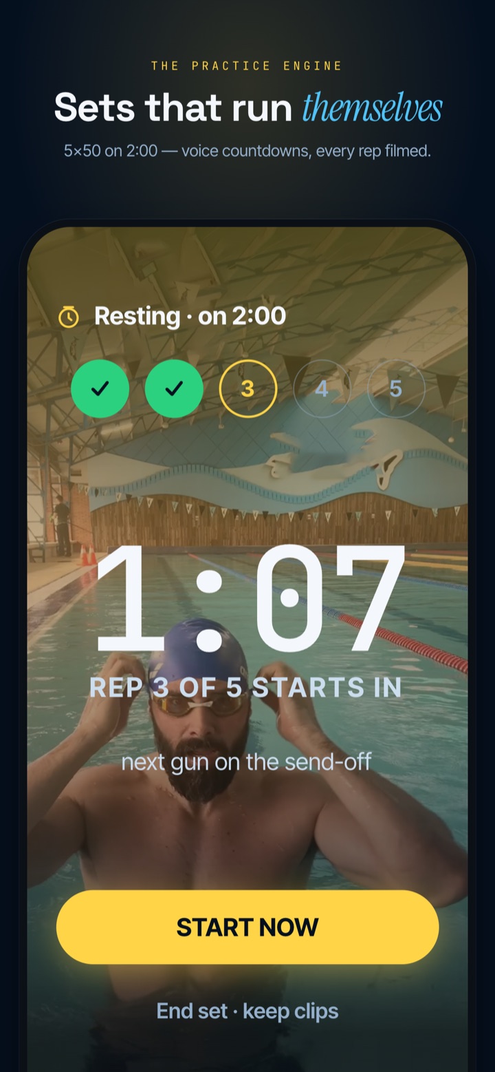 SwimLab set runner — rest screen counting down to the next rep