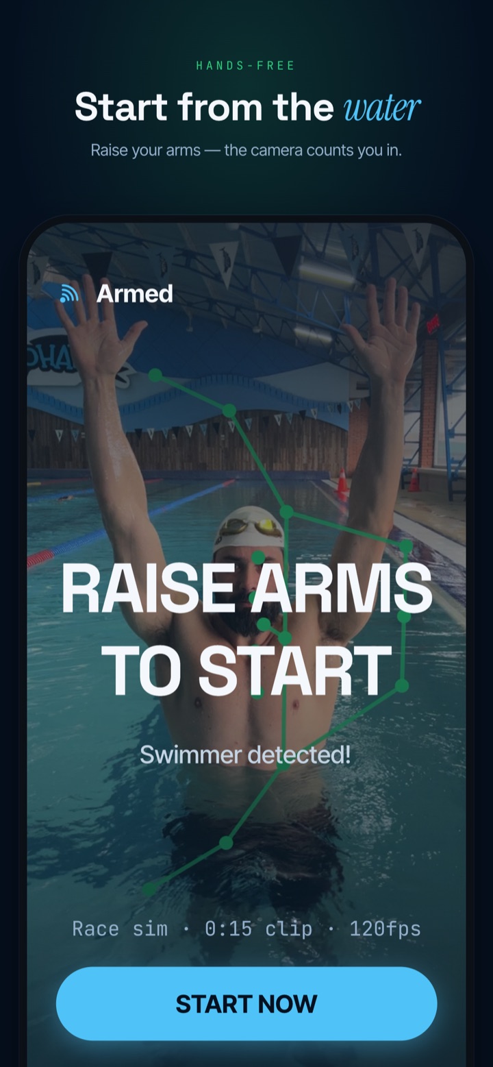 SwimLab gesture trigger — raise your arms, the camera counts you in