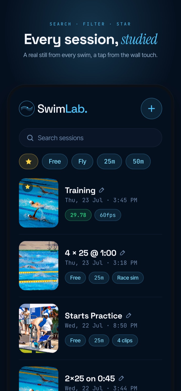 Library — every session searchable with real stills