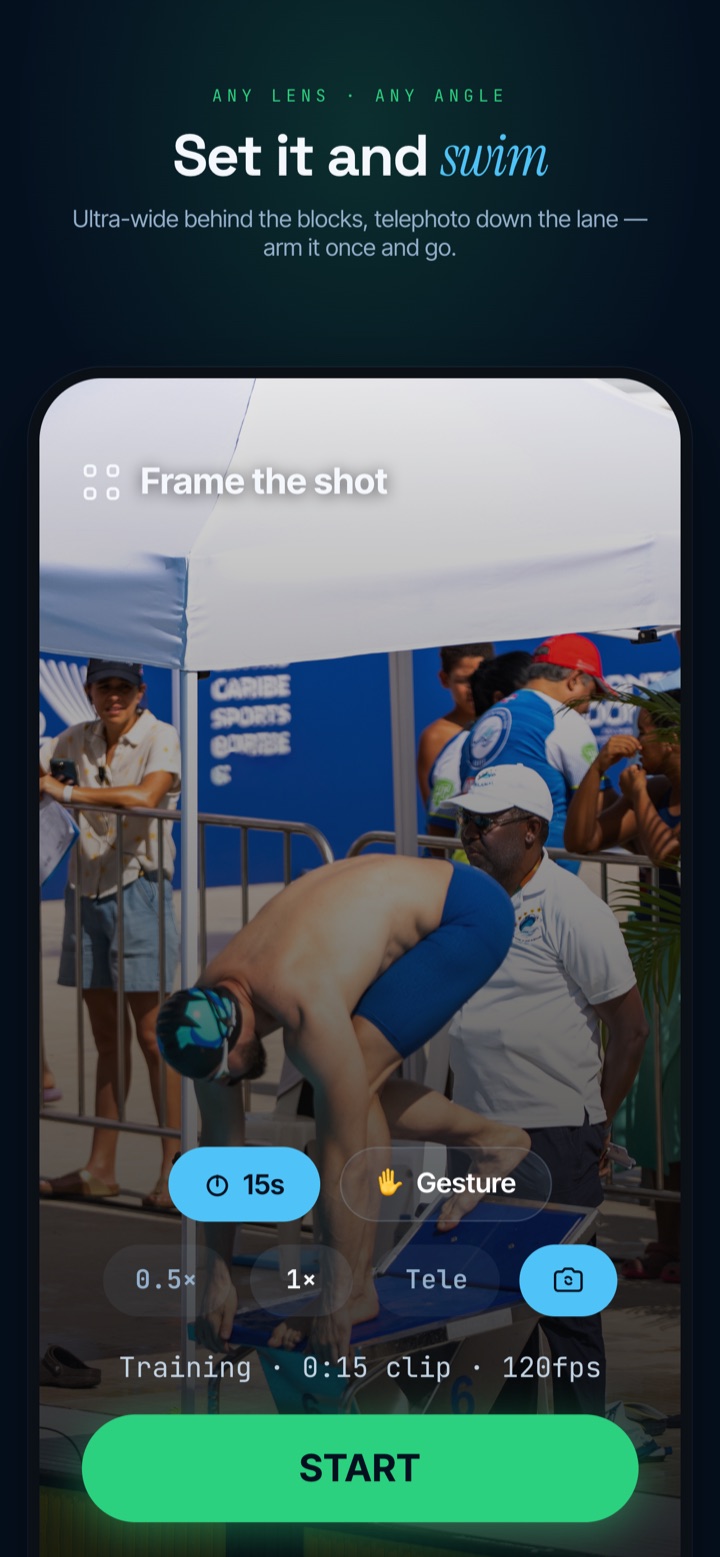SwimLab camera — frame the shot with any lens, then START